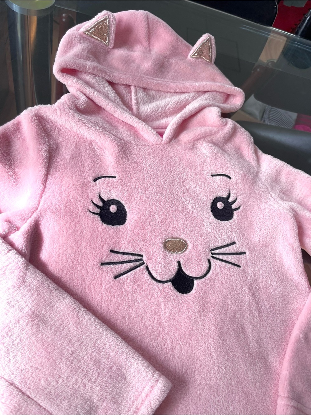 3/$25💥NEW Isaac Mizrahi Glitter Pink Fuzzy Plush Cat Hoodie Sweatshirt, 3D Ears
